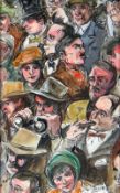 PETER KNOX ink & colour wash - various faces of crowd at a horse race & entitled 'The Races',