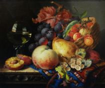 EDWARD LADELL oil on canvas - fine still life study of an overflowing basket of fruit and berries on