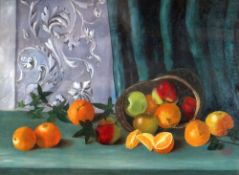 L DEAKIN oil on canvas - still life overturned basket of apples and oranges with green curtain