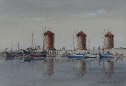 KENNETH HOLMES watercolour - Mediterranean sea port scene with fishing boats and fishermen at