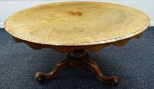 A VICTORIAN BREAKFAST TABLE tilting on a tripod base with scroll supports & heavily carved column