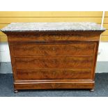 A FRENCH MAHOGANY & MARBLE COMMODE CHEST composed of four flush drawers over small bun feet and with