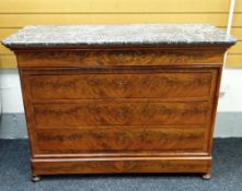 A FRENCH MAHOGANY & MARBLE COMMODE CHEST composed of four flush drawers over small bun feet and with