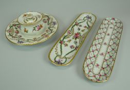 A DRESDEN PORCELAIN INKWELL & MATCHING PEN-TRAY finely decorated with roses and flowers, gilding and