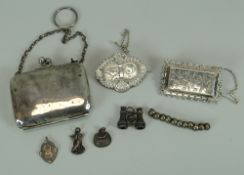 PARCEL OF SILVER BIJOUTERIE comprising miniature silver purse, two brooches & charms