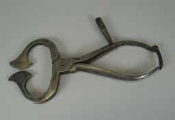 A PAIR OF NINETEENTH CENTURY STEEL SUGAR CUTTERS with spring handle & clasp, 7cms long (consi