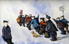 GEORGE SOMERVILLE acrylic on card - comic scene of a group of males at bus stop chasing after missed