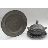 A LARGE EIGHTEENTH CENTURY CONTINENTAL OVAL TWIN-HANDLED PEWTER TUREEN & non-associated pewter