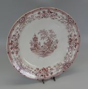 A NINETEENTH CENTURY POTTERY PLATE with red Chinoserie transfer, mark on base 'F FRIMAVESI & SONS,