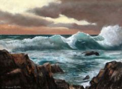 RICHARD BRITTON mixed media - seascape with waves crashing onto rocks, signed, 36 x 49cms