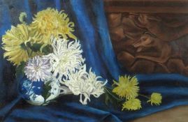 LATE NINETEENTH CENTURY ENGLISH SCHOOL oil on canvas - still life of chrysanthemums in a blue &