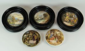 FIVE PRATTWARE POT LIDS three framed, including 'A Pair', 'Persuasion' and 'The Chin Chew River'