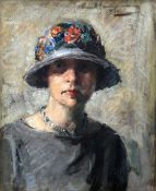ERNEST REINHARD ZIMMERMAN oil on panel - head & shoulders portrait of a female with flower