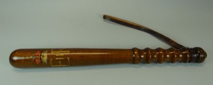 AN ELIZABETH II WOODEN POLICEMAN'S TRUNCHEON probably by Hayat & Co with printed crown and Elizabet