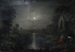 LATE NINETEENTH CENTURY ENGLISH SCHOOL oil on canvas - night time scene with figures around camp