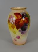 A SMALL ROYAL WORCESTER BALUSTER VASE painted with wild blackberries and flowers, in the manner of