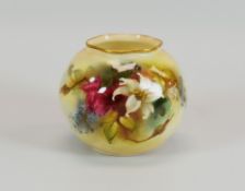 A SMALL ROYAL WORCESTER GLOBULAR VASE of lobed form, painted with roses and wild-flowers, date