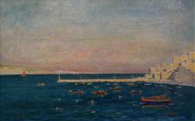 KENNETH HOLMES oil on board - view of sea port with breakwater and boats entitled verso 'Ghar
