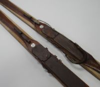 A PAIR OF ATTENHOFER WOODEN SKIS circa 1950s with matching binding retailers label for Jelmoli of Z