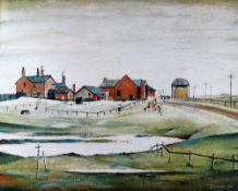 LAURENCE STEPHEN LOWRY 1974 Venture Prints Ltd colour print - 'Landscape with Farm Buildings',