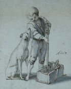 GEORG PHILIPP RUGENDAS watercolour sketch - seated lurcher looking up at young boy with box of tools