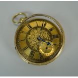 AN 18CT GOLD GENT'S POCKET-WATCH with the brass dial having a floral engraved interior, subsidiary
