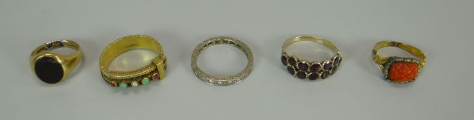 AN INTERESTING PARCEL OF VARIOUS RINGS including Indian gold and elephant-hair buckle ring, 18ct