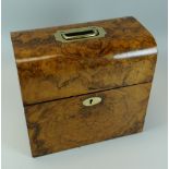 A NINETEENTH CENTURY BURR WALNUT BOX of loaf form with hinging lid & having brass handle & esc