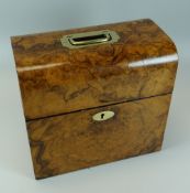 A NINETEENTH CENTURY BURR WALNUT BOX of loaf form with hinging lid & having brass handle & esc