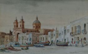 KENNETH HOLMES watercolour - Maltese seafront scene with beached boats, seafront houses and church