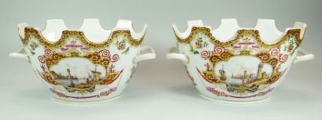 A PAIR OF AUGUSTUS REX PORCELAIN BOWLS with twin handles and coronet-type rims, each painted with