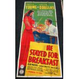 HE STAYED FOR BREAKFAST original cinema poster from 1940, poster is folded and in two sections, wear