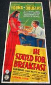 HE STAYED FOR BREAKFAST original cinema poster from 1940, poster is folded and in two sections, wear