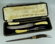 A CASED THREE-PIECE IVORY, SILVER & STAINLESS STEEL CARVING SET in a Cross Brothers of Cardiff