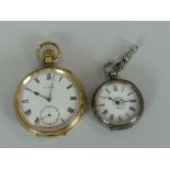A GOLD PLATED ELGIN POCKET WATCH & A BRIGHT-CUT SILVER LADIES POCKET WATCH
