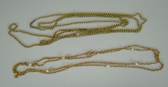 A BELIEVED 9CT YELLOW GOLD LONG CABLE-CHAIN, 40.9gms and another with pearls, 14.8gms