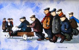 GEORGE SOMERVILLE acrylic on card - comic scene of a group of flat-capped men pushing a homemade