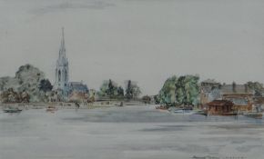 KENNETH HOLMES watercolour - view of the Thames running through town with bridge and distant