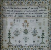 MID EIGHTEENTH CENTURY EMBROIDERED SAMPLER in green, gold & black cottons by Sarah aged 12 years,