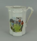 A CONTINENTAL PORCELAIN JUG WITH EARLY ASSOCIATION FOOTBALL TRANSFER, circa 1890s, 15cms high