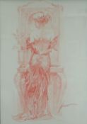 PINOT DASH coloured pencil drawing - rear view of a gowned female looking into a mirror, signed,