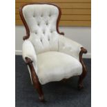 A LATE VICTORIAN MAHOGANY FRAMED BUTTON BACKED ARMCHAIR