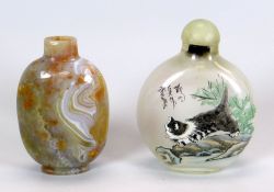 A CHINESE INSIDE-PAINTED GLASS SNUFF BOTTLE with cat and butterfly, together with an agate example