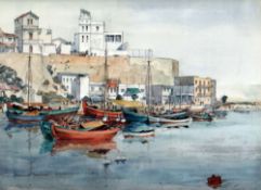 KENNETH HOLMES watercolour - Mediterranean sea port scene with fishing boats and fisherman, signed