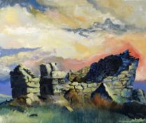 GOMER LEWIS oil on canvas - stone barn ruins on mountain top with red sky, unsigned, 76 x 91cms (