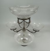 A CUT-GLASS & METALLIC THREE-SECTION TABLE-CENTRE PIECE each bowl and the foot hob-nail cut, the