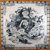 A VINTAGE BLACK & WHITE FRAMED SILK SCARF with angling motifs and entitled 'The Angler's Companion',