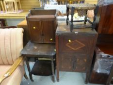 Marquetry night cabinet, rush stool, occasional table and a smoker's cabinet