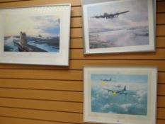 Two framed ROBERT TAYLOR prints, Memphis Belle, Atlantic Wolves together with a framed RAF bomber