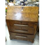 Vintage burr wood three drawer sloped bureau